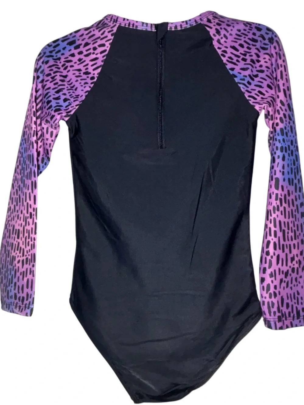 Maui & Sons Black One-Piece Rash Guard Purple Patterned Sleeves Girls M (7/8)